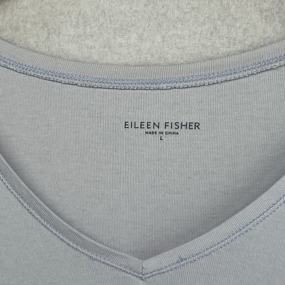 EILEEN FISHER Top L Organic Cotton Ribbed Jersey V-Neck Elbow Sleeve Light Blue - Picture 5 of 13